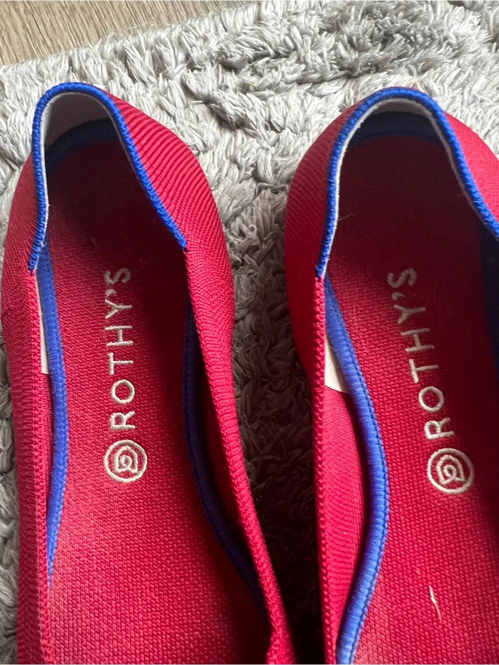 Rothy's Red Knit Pointed Ballet Flats with Blue Trim